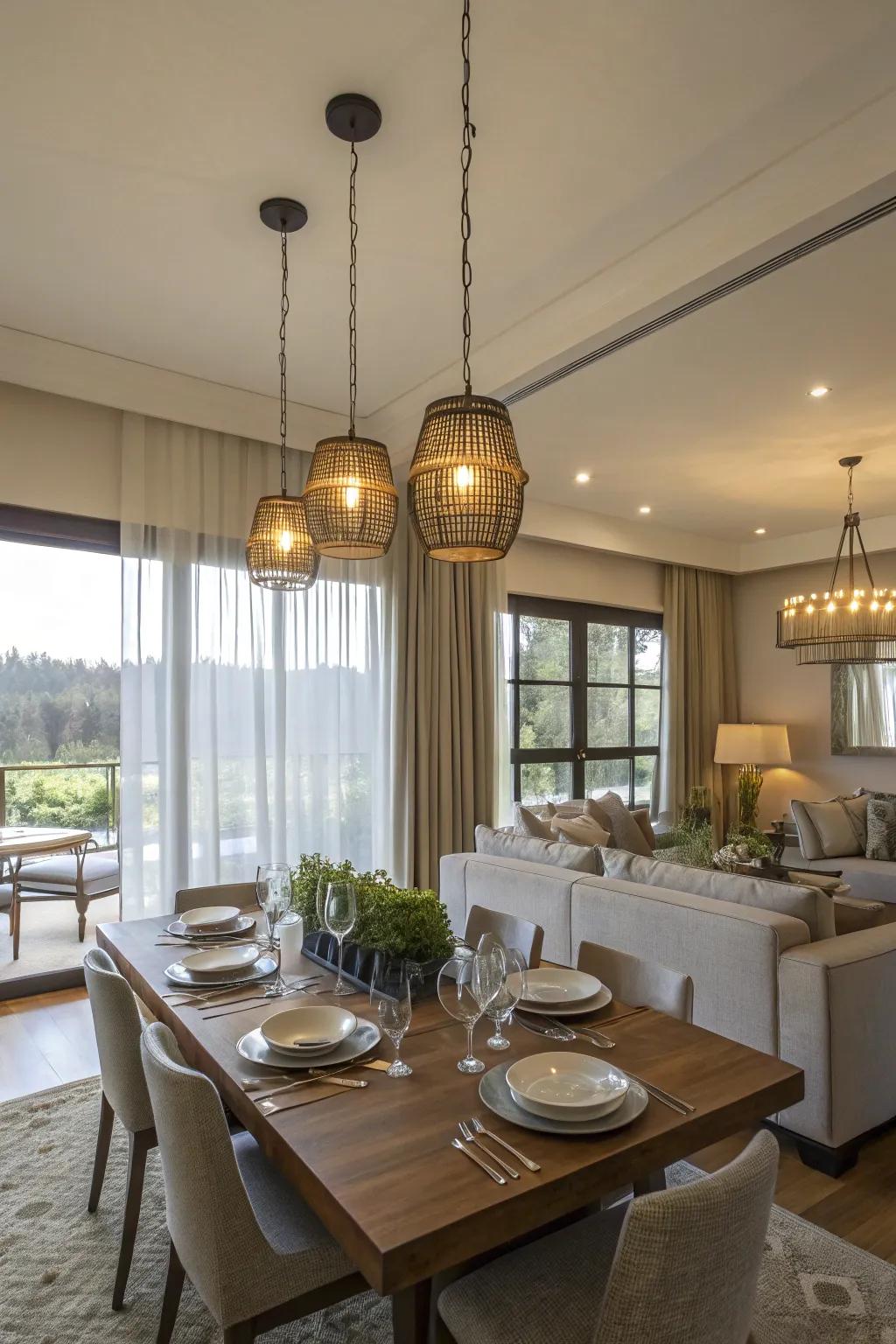 Pendant lights define the dining space in an open floor plan.