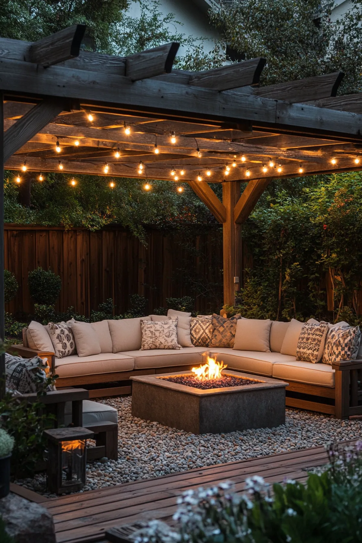 Outdoor seating under pergola with hanging lights, L-shaped sofa, fire pit on gravel, surrounded by lush greenery.