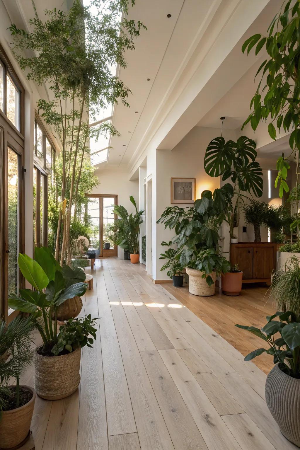 Natural wood floors and greenery enhance warmth.