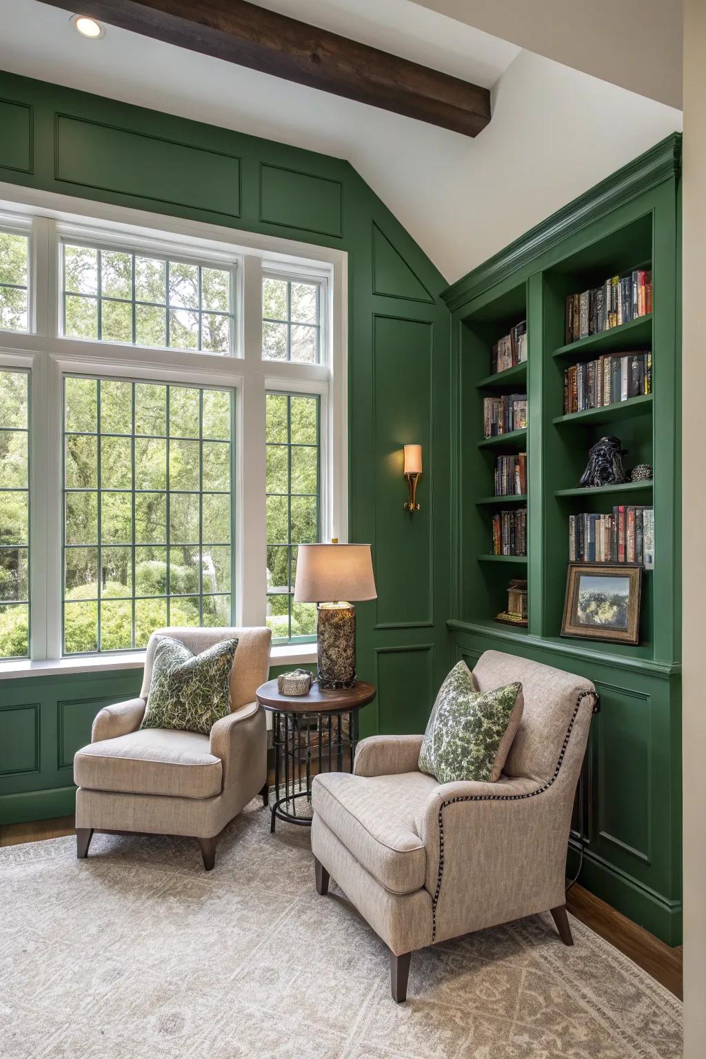 A bold green accent wall highlights a cozy reading nook.