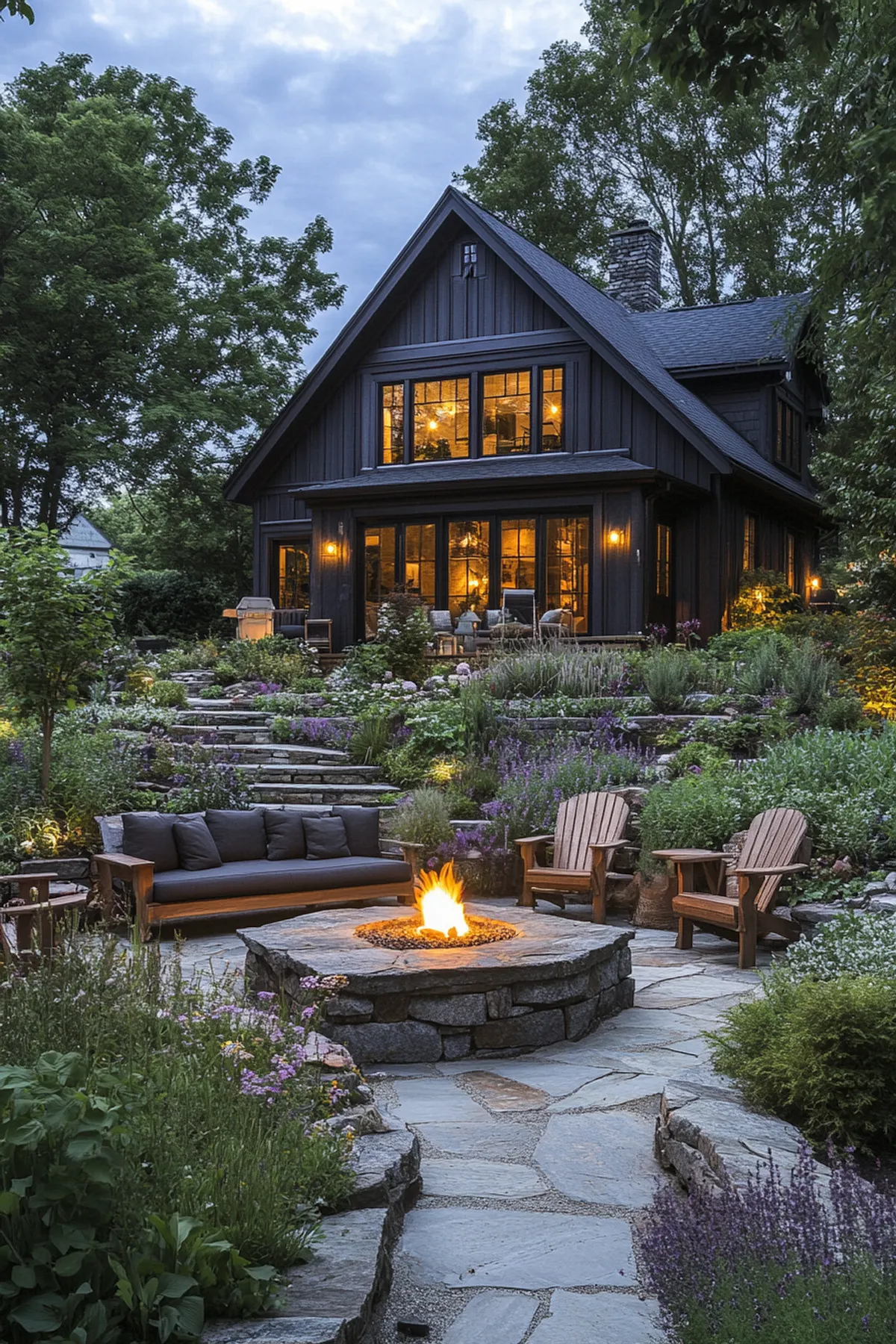 Outdoor setting with stone fire pit, wooden chairs, sofa on stone-paved patio, dark modern house surrounded by trees.