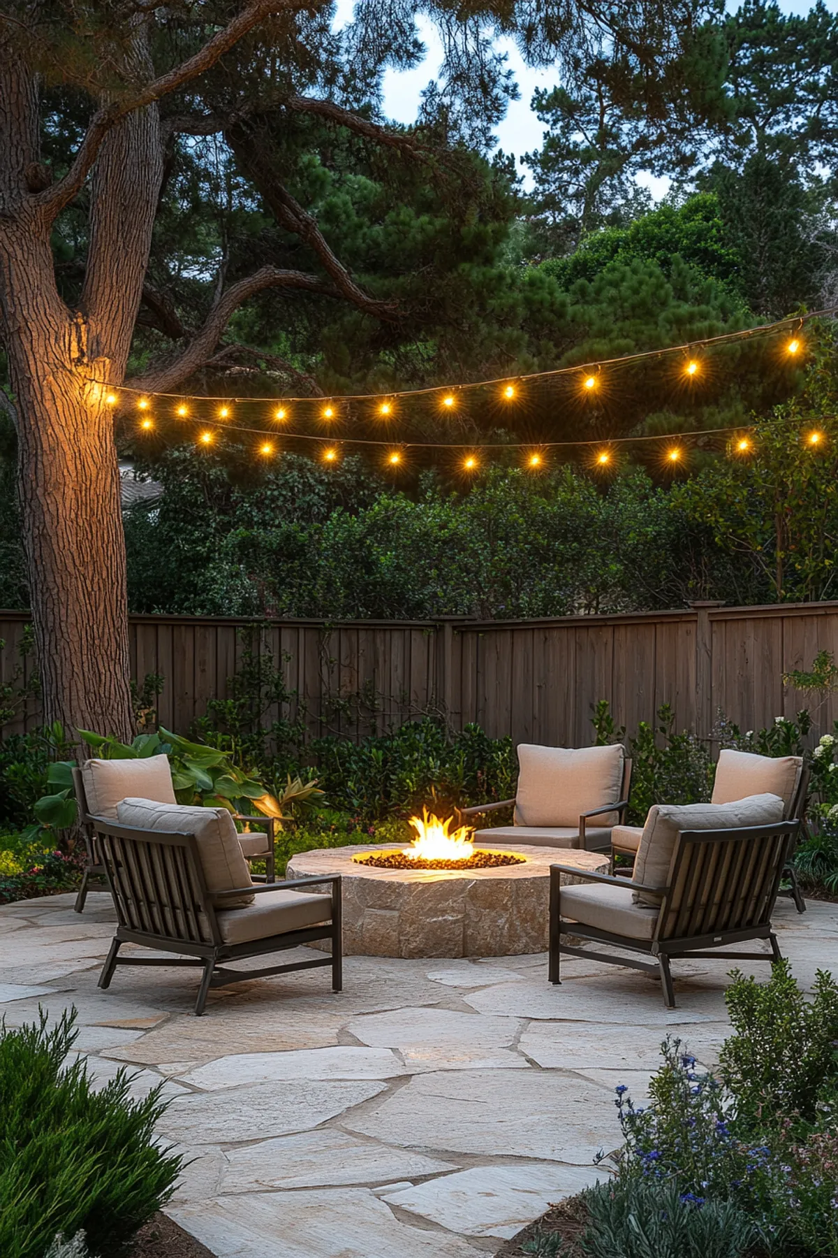 Outdoor setting at evening with large tree, string lights, stone fire pit, chairs and couch on stone-paved ground.