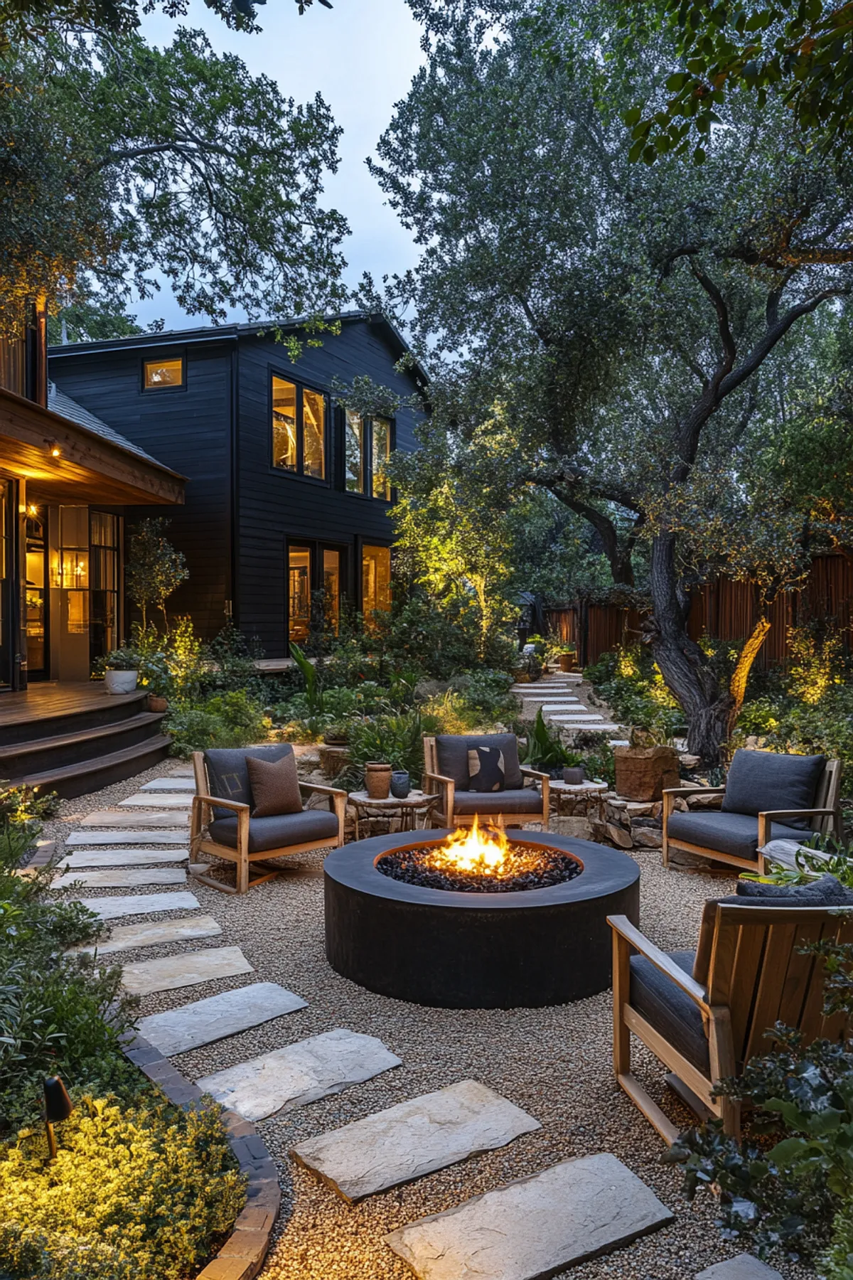 Evening outdoor setting with circular fire pit, wooden chairs on gravel path, dark modern house surrounded by mature trees.