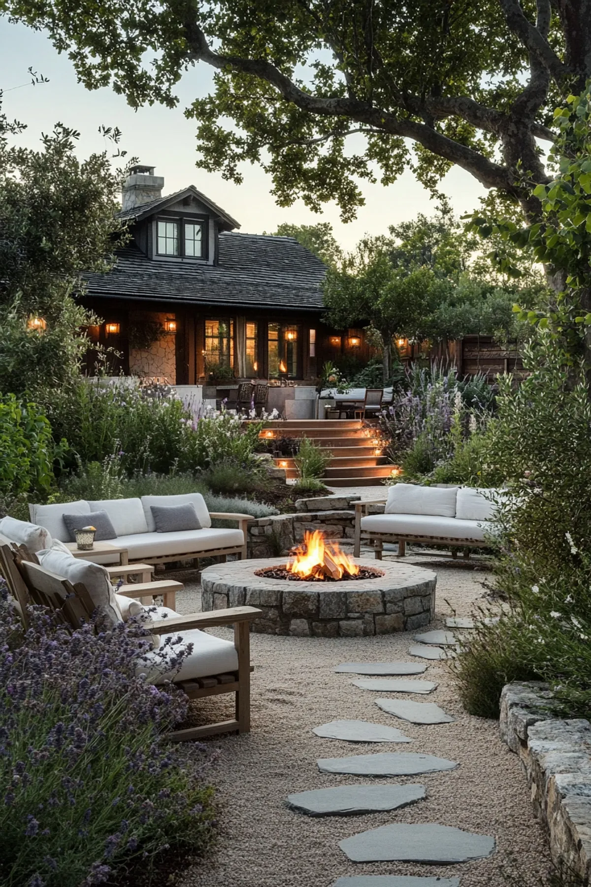 Outdoor setting with circular stone fire pit, white couches, wooden chairs in a garden of lavender and tall trees.
