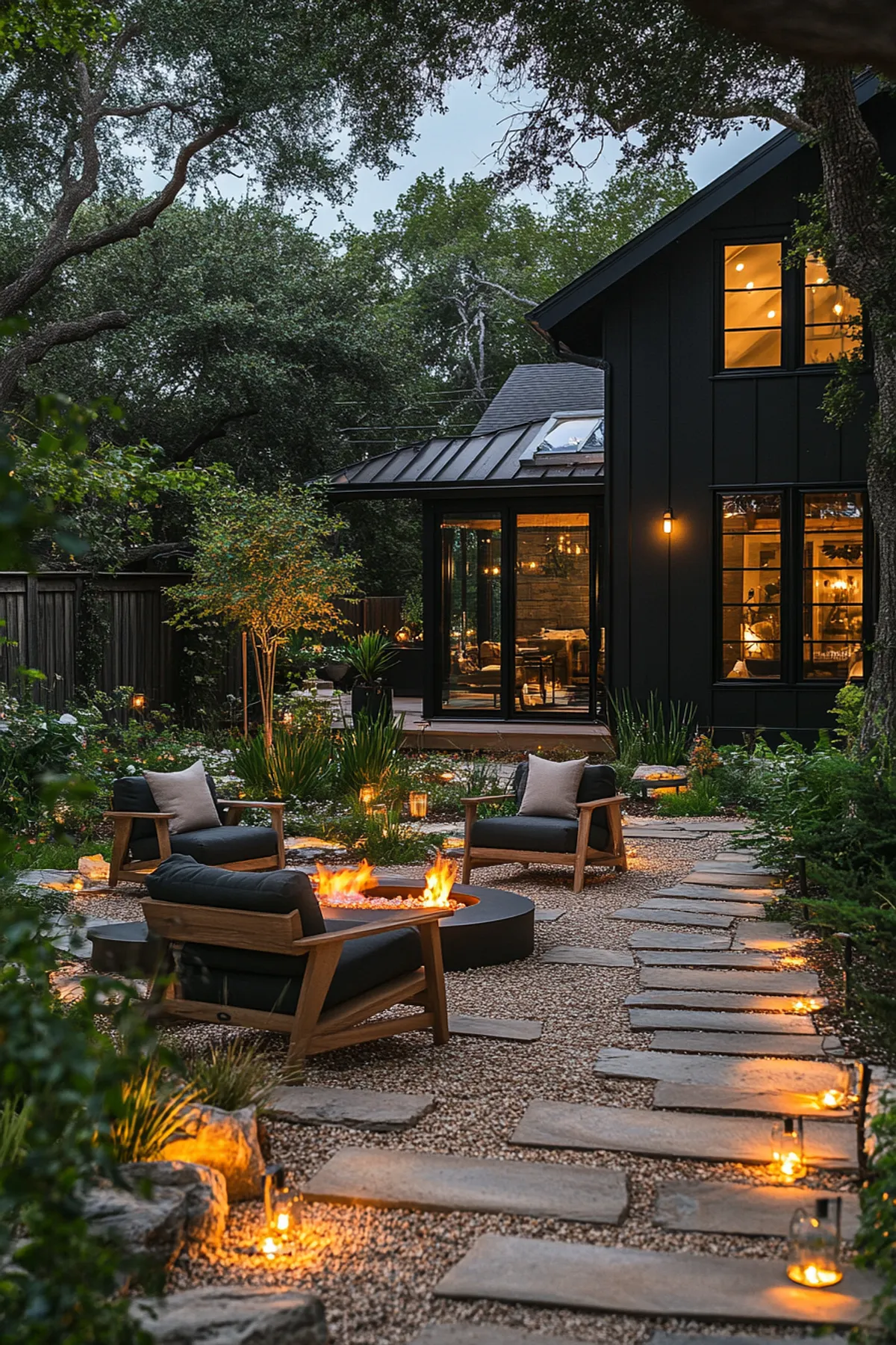 Outdoor evening setting with wooden chairs, fire pit on stone slabs and gravel, dark modern house with illuminated windows.