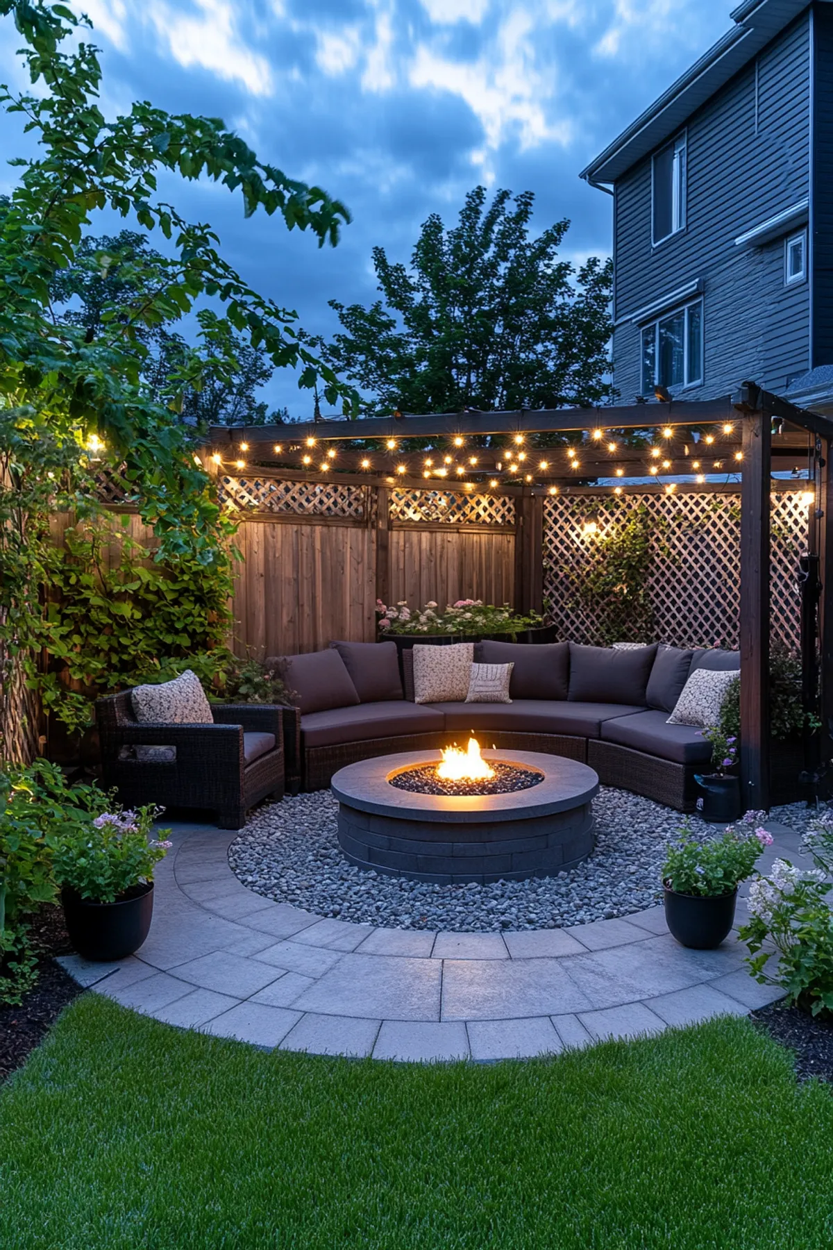 Outdoor evening seating with pergola, string lights, large sofa with patterned cushions, circular fire pit, surrounded by green grass.