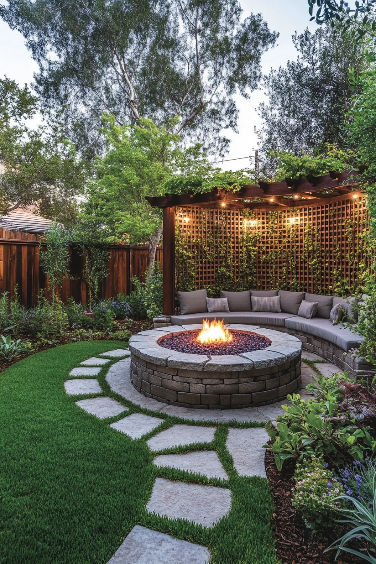 Serene outdoor garden at dusk with circular fire pit, cozy seating with cushions, and a wooden lattice structure.