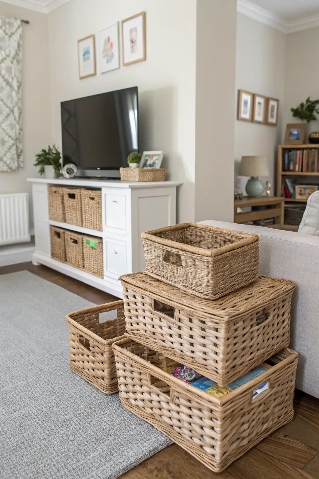 Rattan baskets combine storage and beauty.