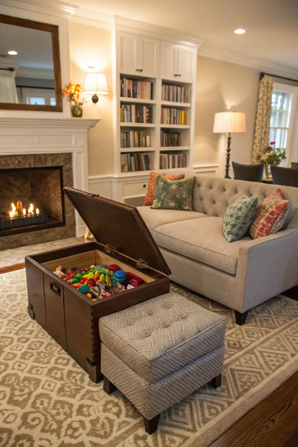 A storage ottoman has space inside for storing toys and offers more seating.