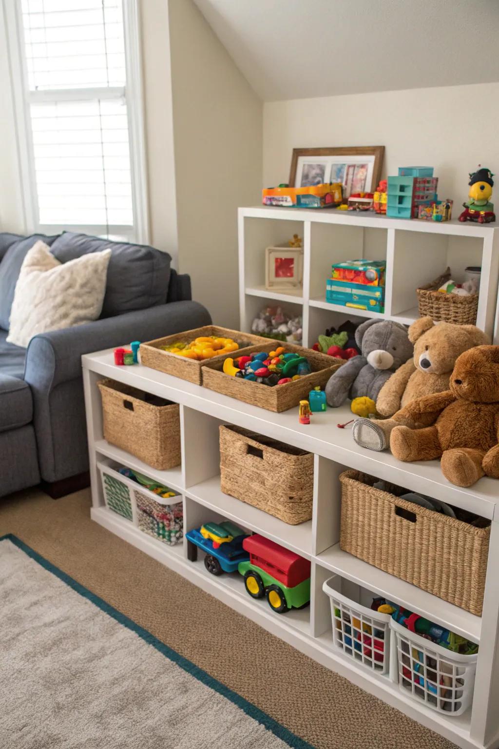 Using corners for toy storage opens up space.