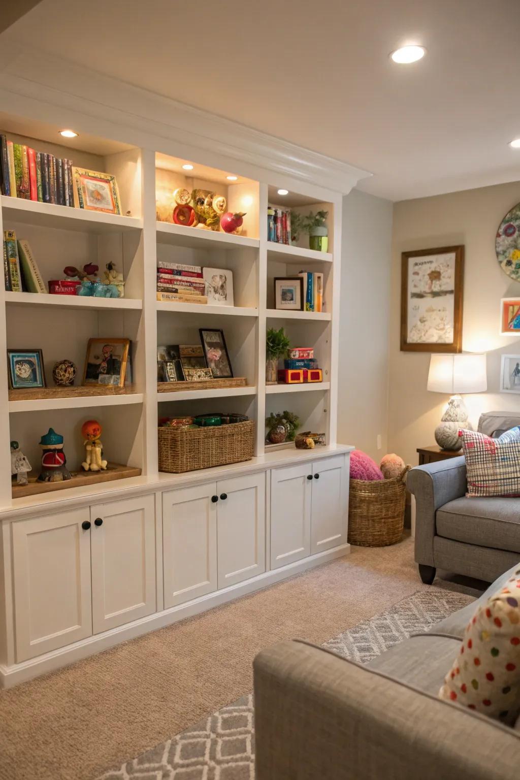 Integrated shelves create organized and refined storage.