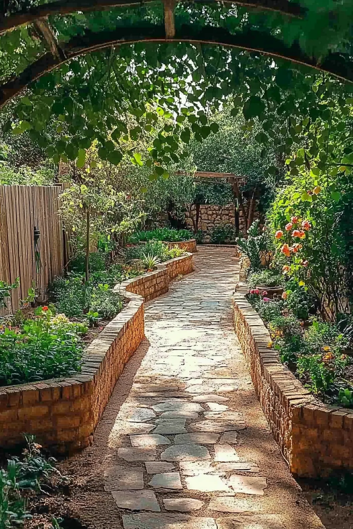 A winding stone pathway surrounded by greenery and flowers leading under an arch