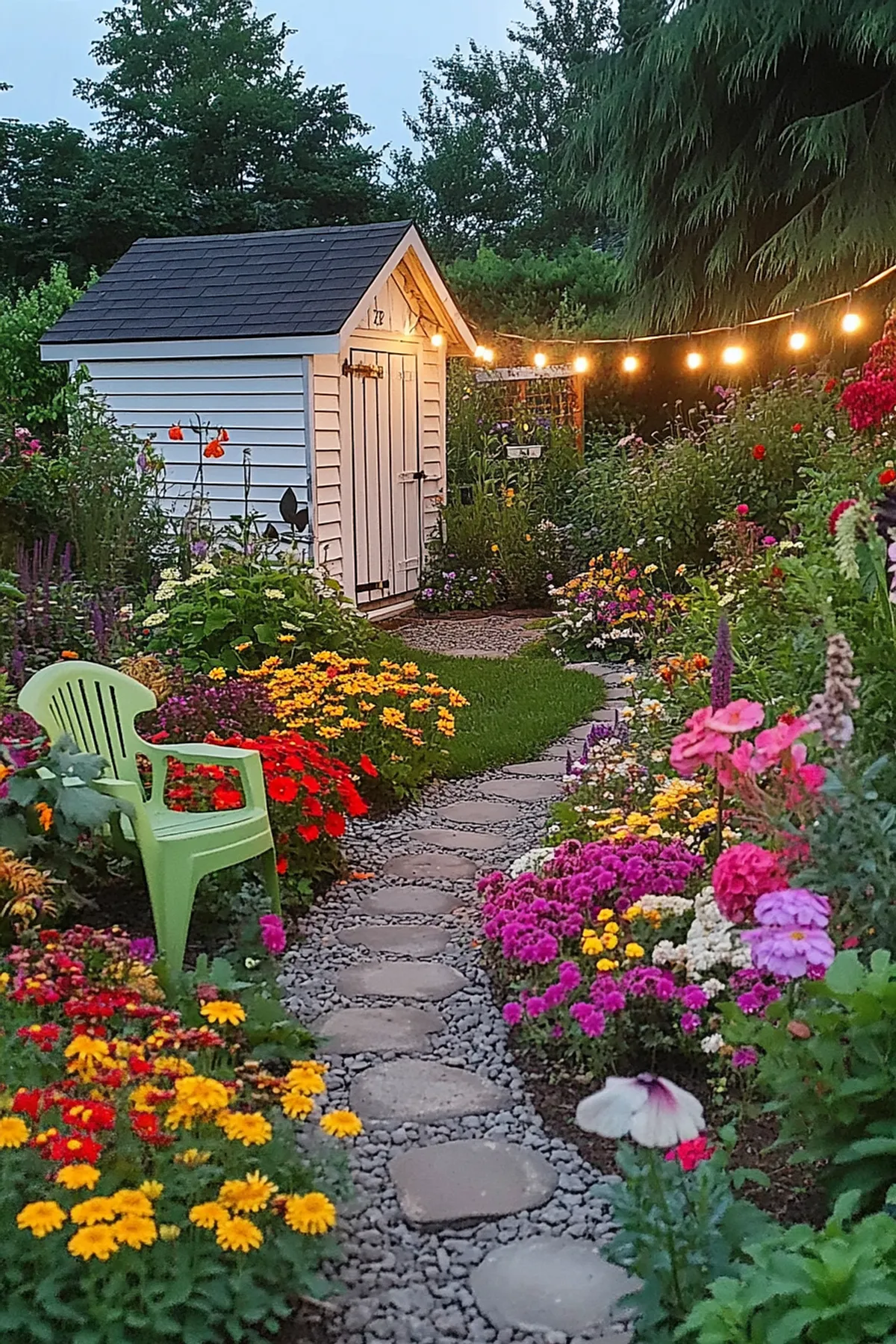 A stone pathway surrounded by colorful flowers leading to a shed, illuminated by string lights