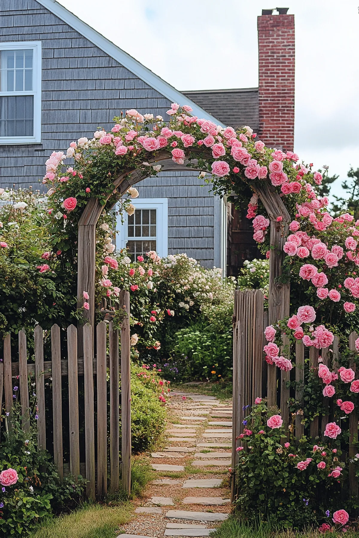 A wooden arch covered with pink roses leading to a flower-filled garden