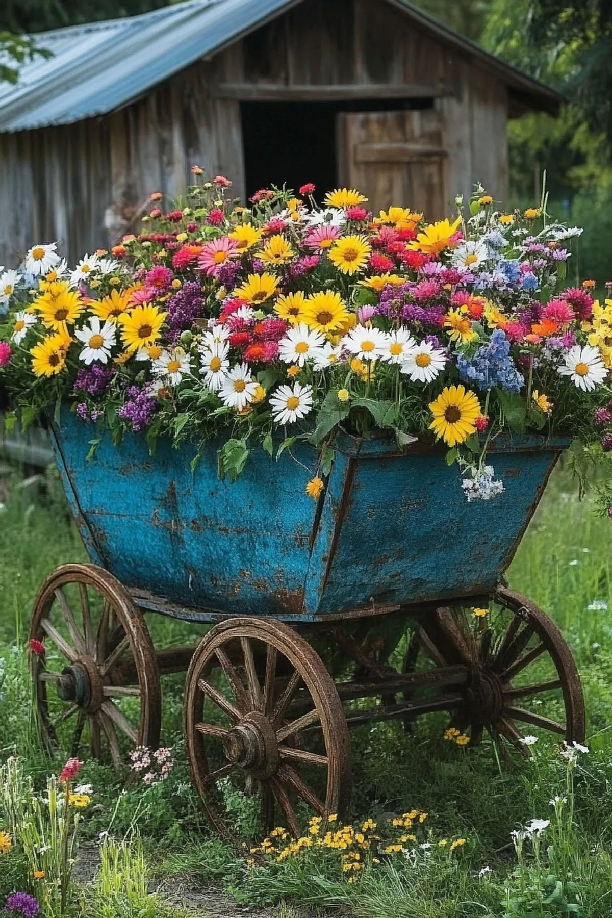 A blue wheelbarrow filled with colorful flowers in front of a wooden shed