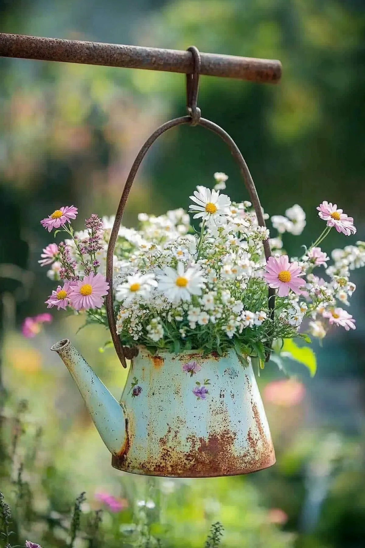 A rusty blue watering can filled with white daisies and pink flowers hanging in a garden