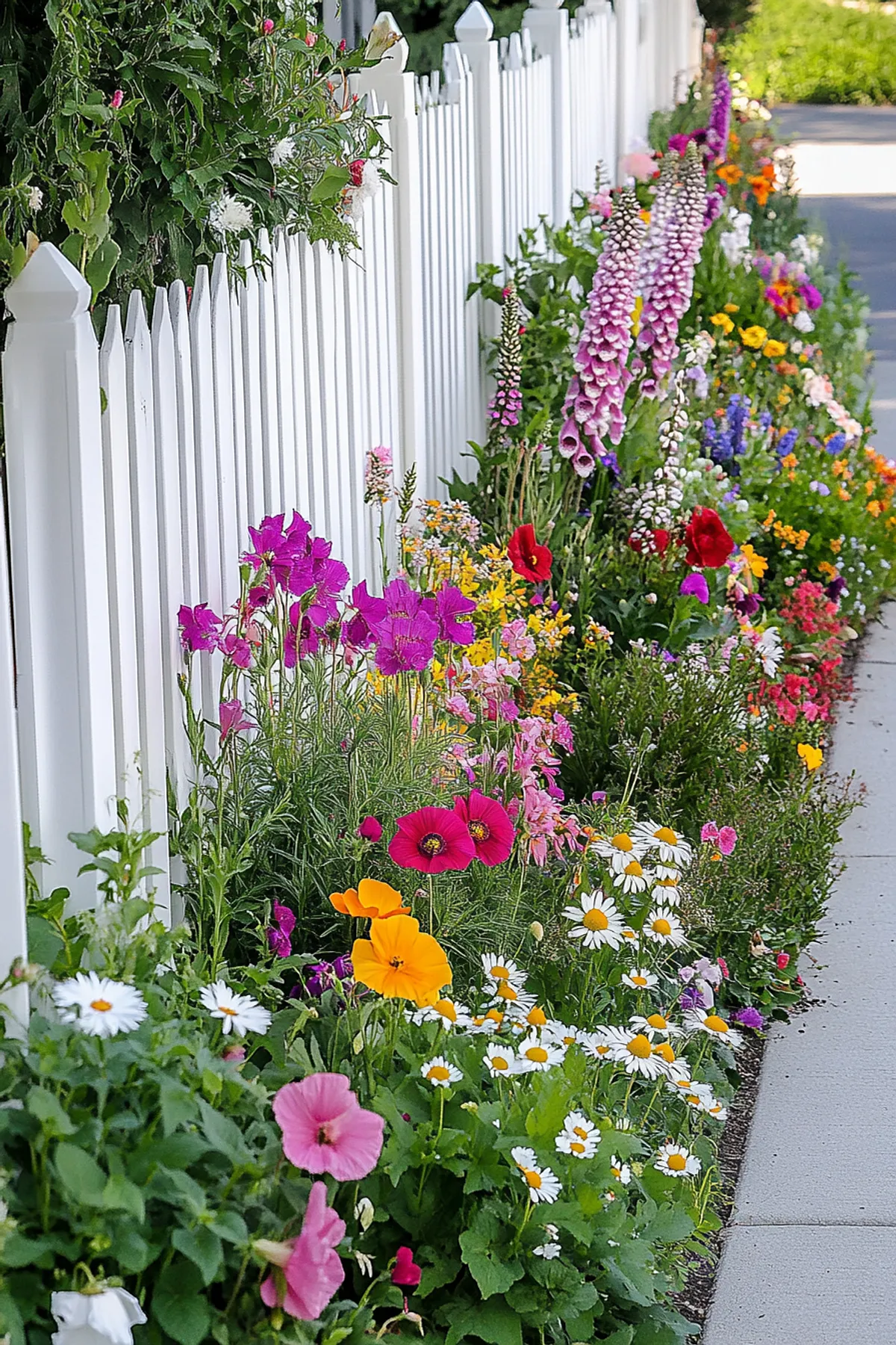 A colorful flower border featuring daisies, poppies, and foxgloves alongside a white picket fence