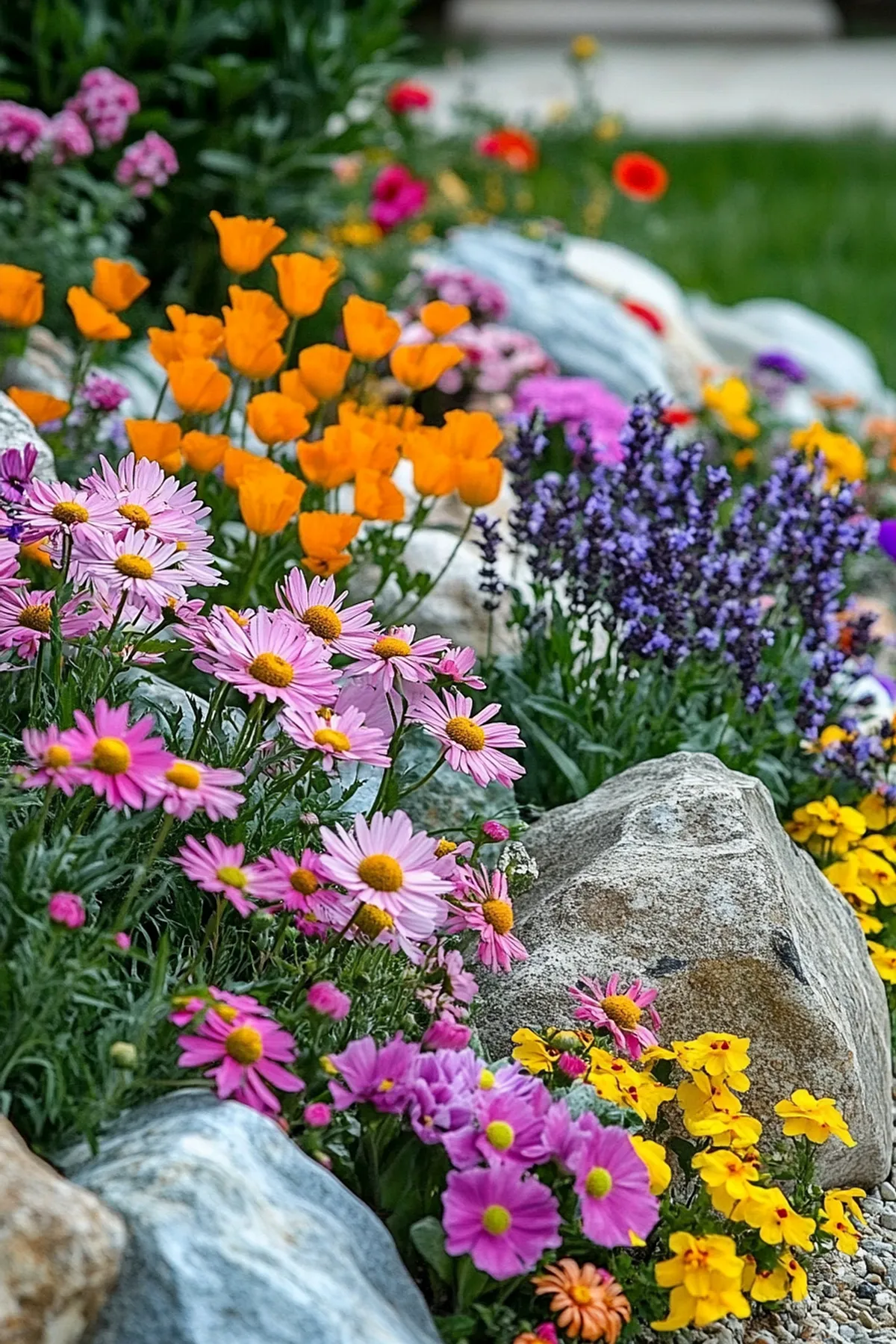 A colorful rock garden featuring pink daisies, orange poppies, and purple lavender among stones