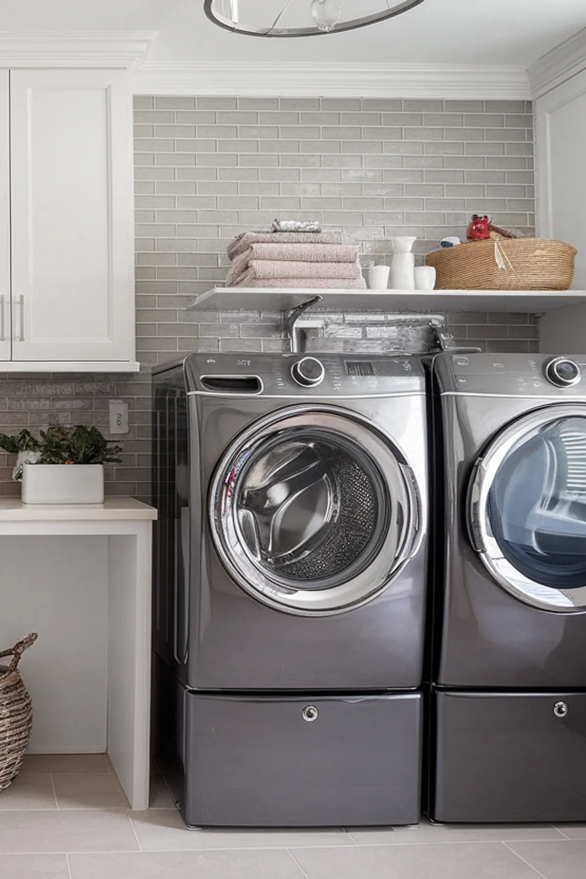 A modern laundry room featuring sleek gray appliances and minimalist decor.