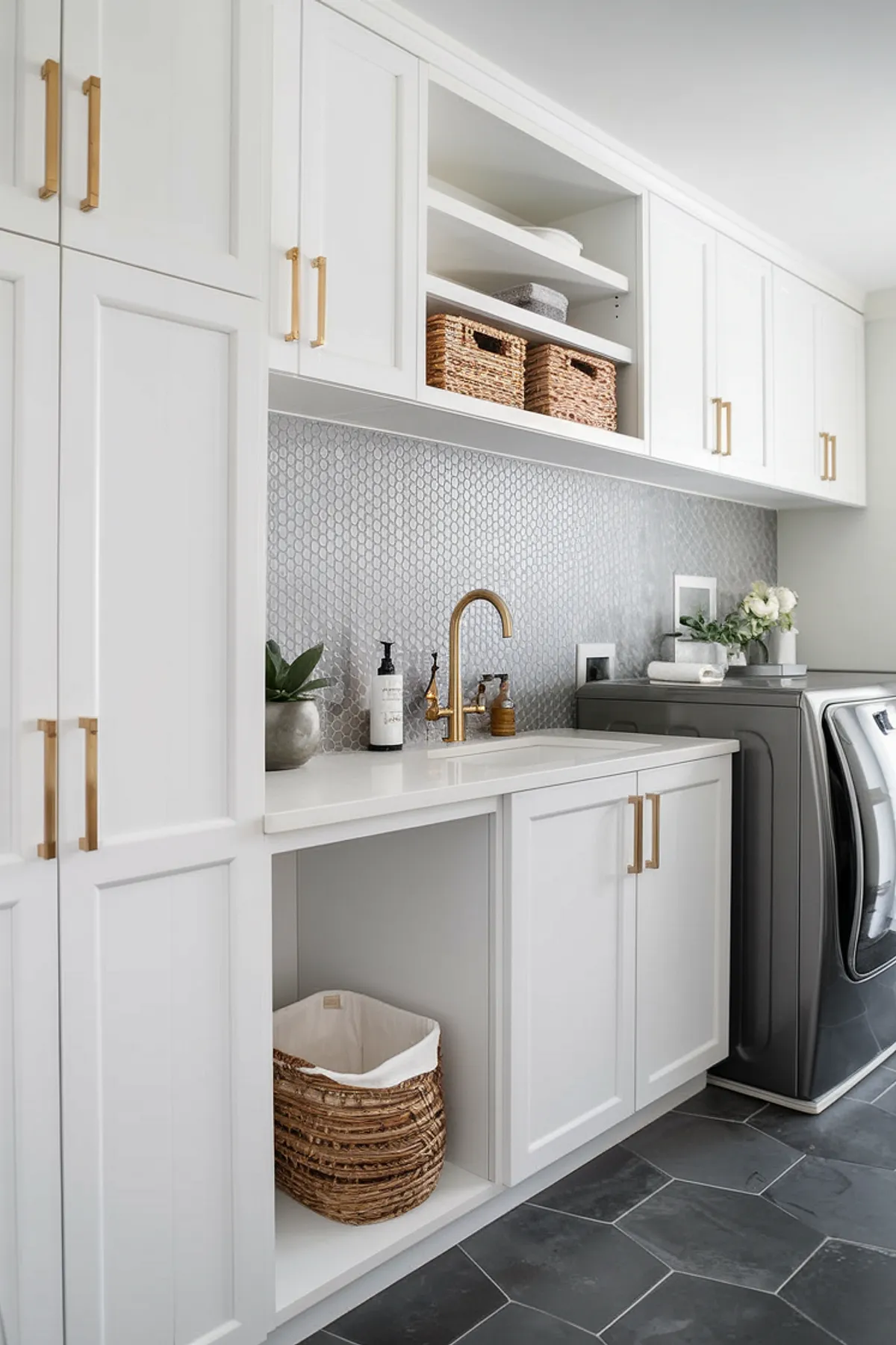 An elegant laundry room featuring white cabinets, gold fixtures, and hexagonal flooring.