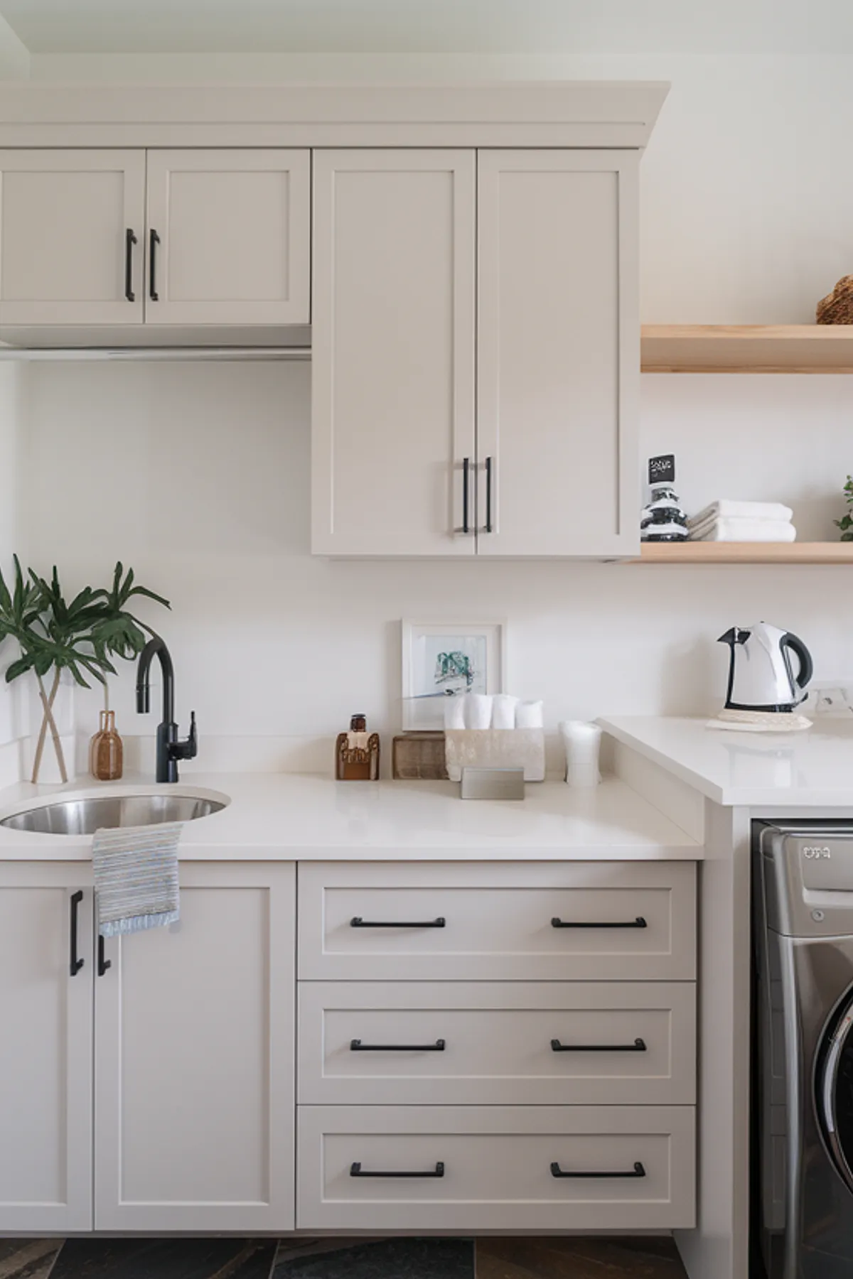 A stylish laundry room with neutral cabinetry and organized open shelves.