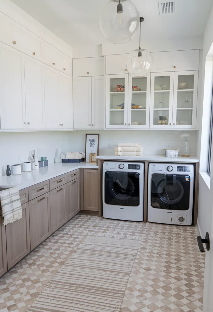A bright laundry room featuring white cabinets, wood accents, and stylish pendant lighting.