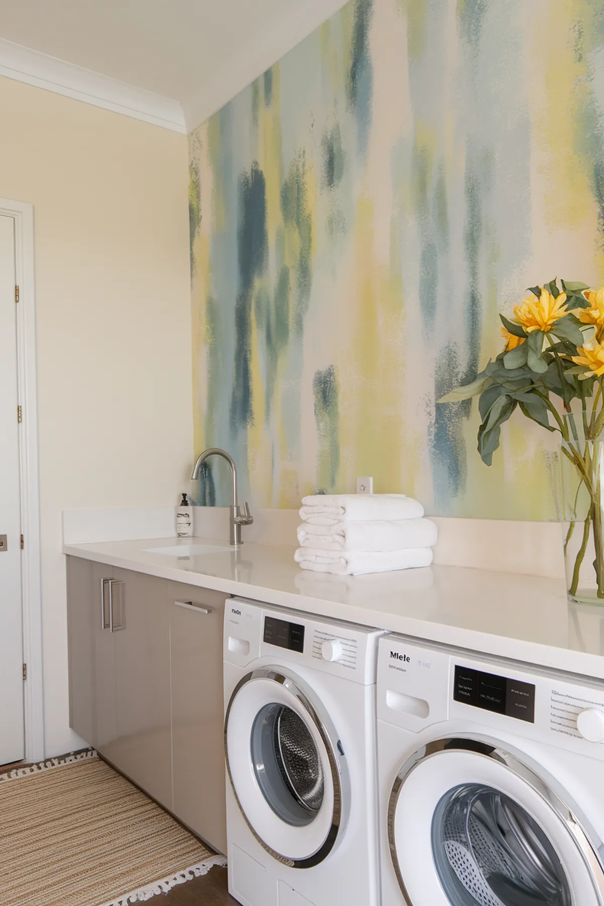 A colorful laundry room with a watercolor wall design and modern appliances.