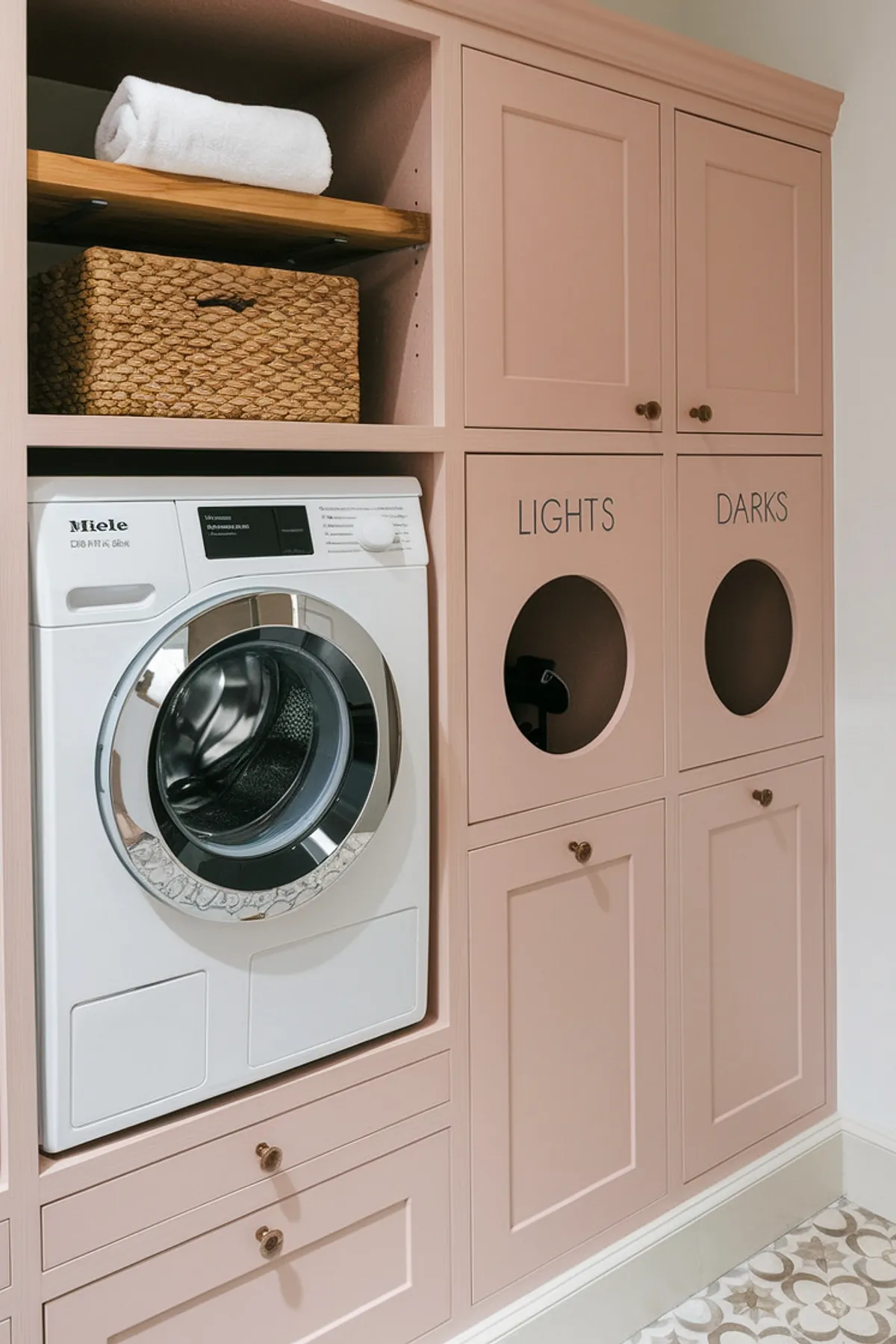 A playful laundry room with pink cabinets and labeled storage bins.