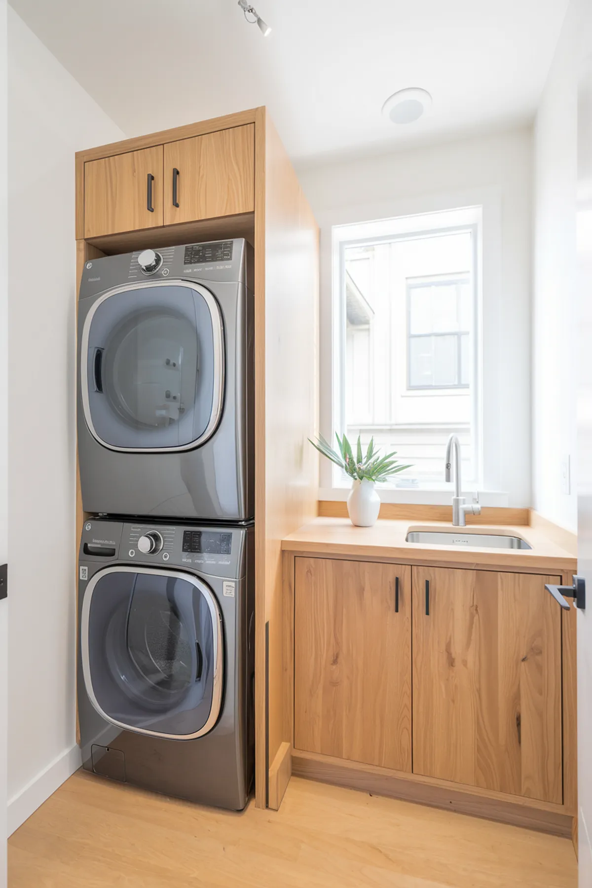 A modern laundry room with stacked appliances, wooden cabinets, and a sink.
