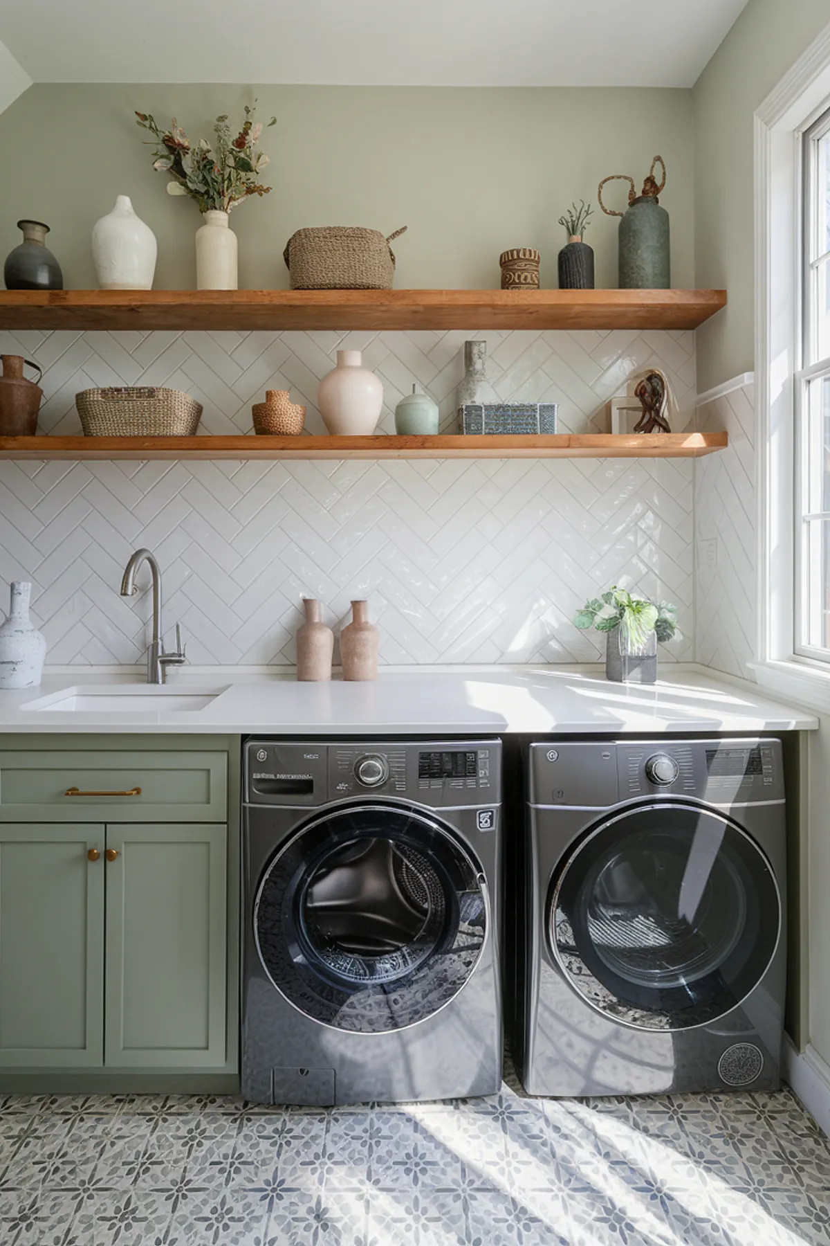 A charming laundry room with green cabinets, open shelves, and patterned flooring.