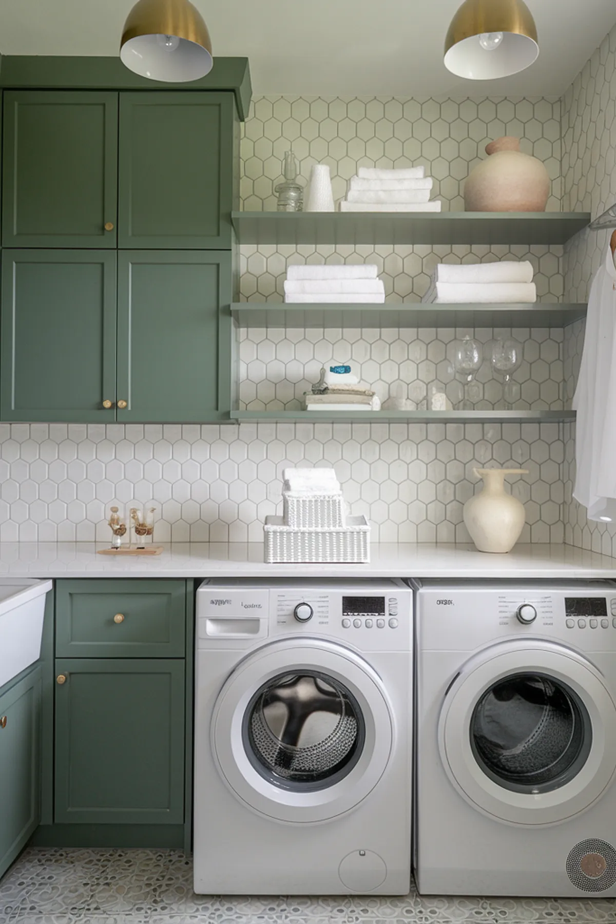 A stylish laundry room featuring green cabinets, hexagonal tiles, and open shelving.
