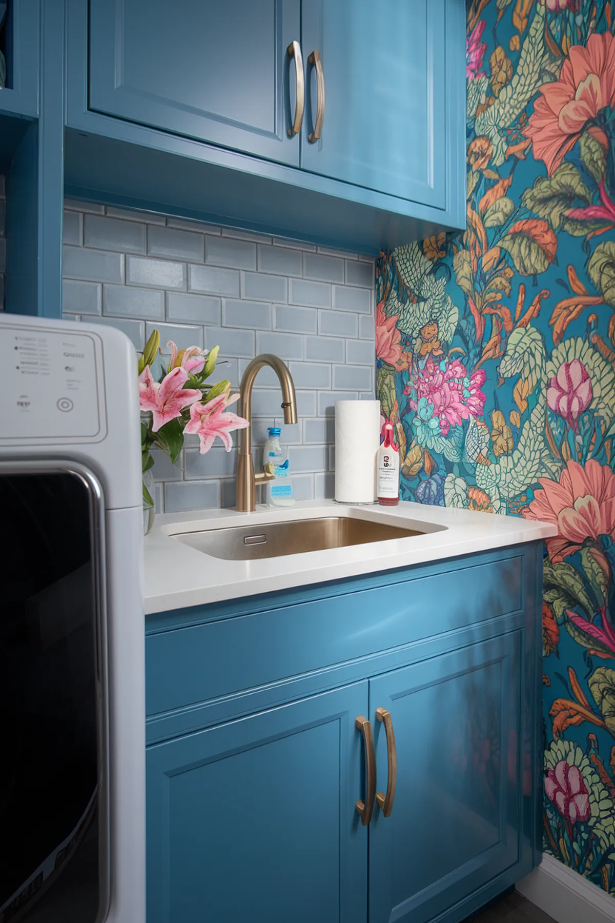 A vibrant laundry room with blue cabinets and colorful floral wallpaper.