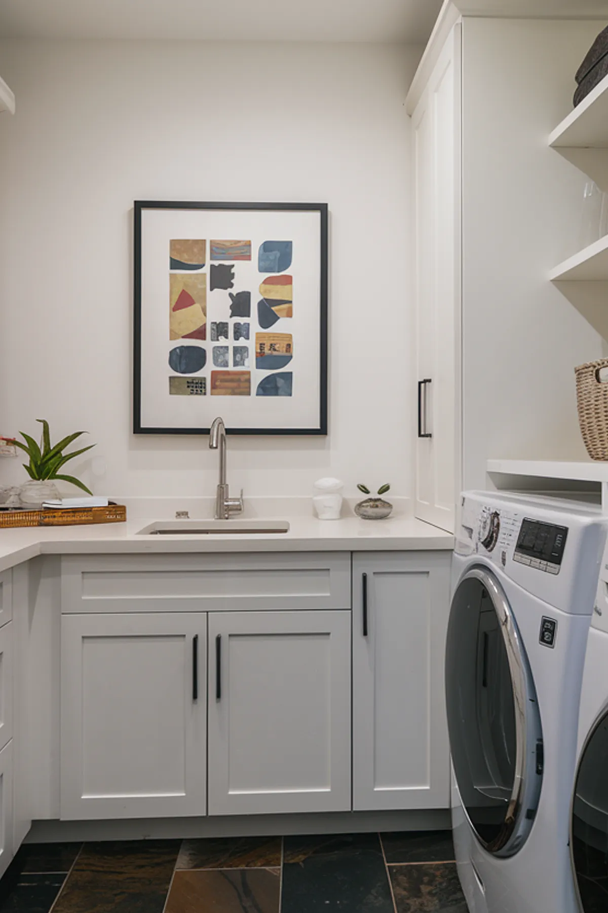 A modern laundry room featuring white cabinets, black hardware, and open shelving.