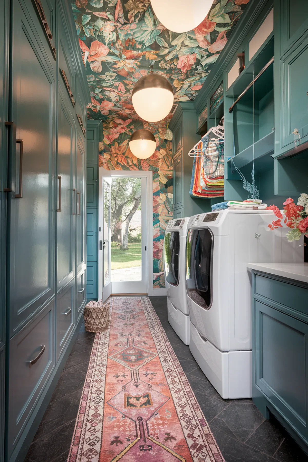 A tropical-themed laundry room with floral wallpaper and teal cabinetry.