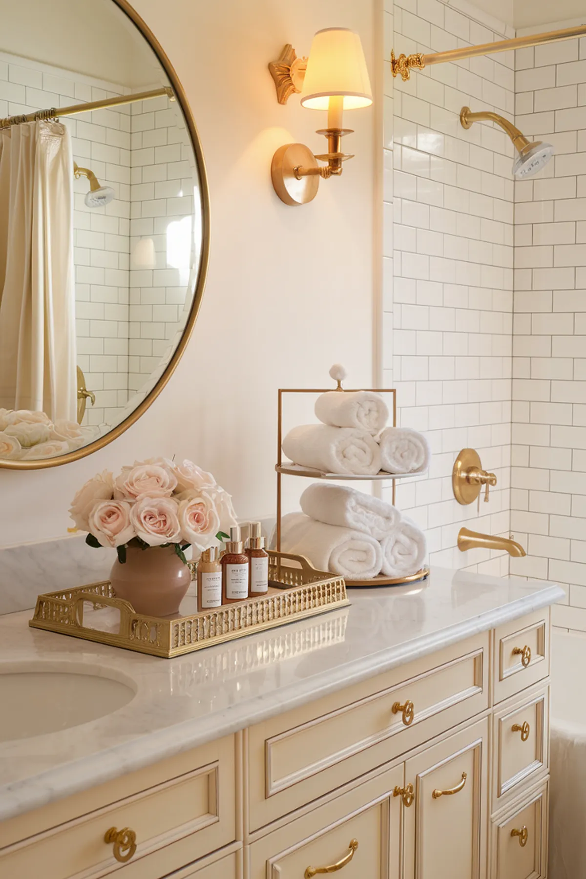 A beautifully styled bathroom vanity with roses, towels, and elegant decor.
