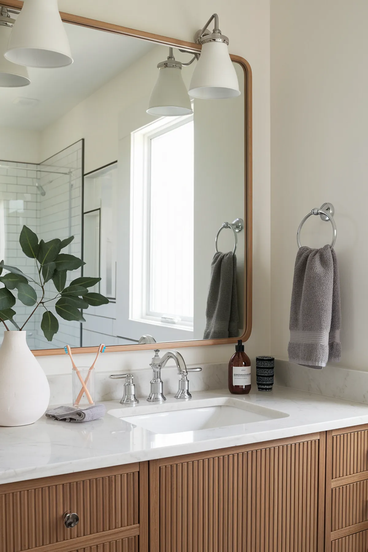 A modern bathroom featuring a wood vanity, elegant fixtures, and fresh greenery.