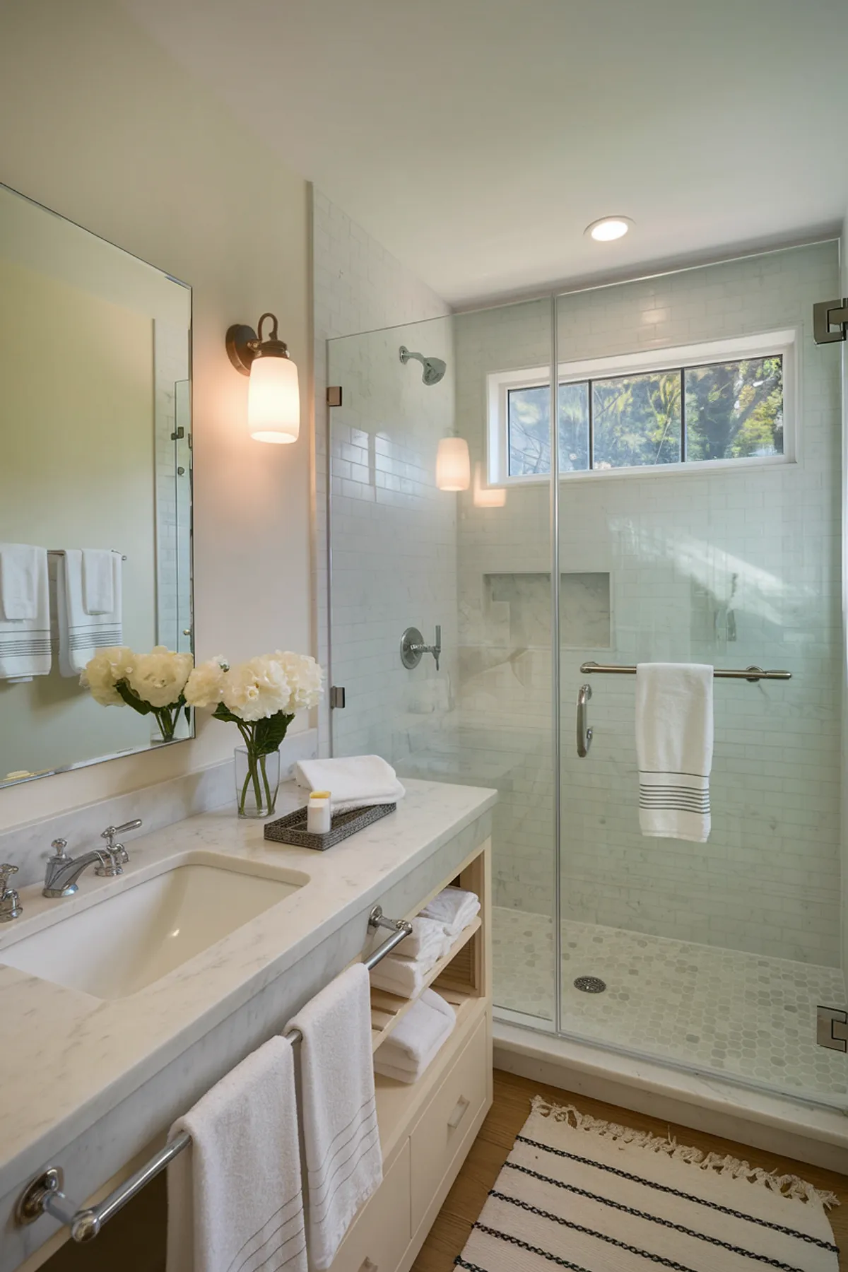 A bright bathroom featuring a marble countertop, glass shower, and fresh flowers.