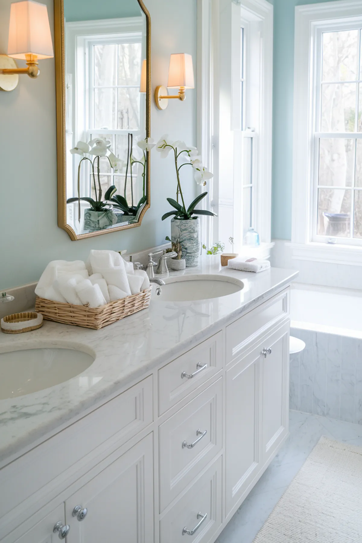 A bright bathroom featuring marble countertops, orchids, and stylish lighting.