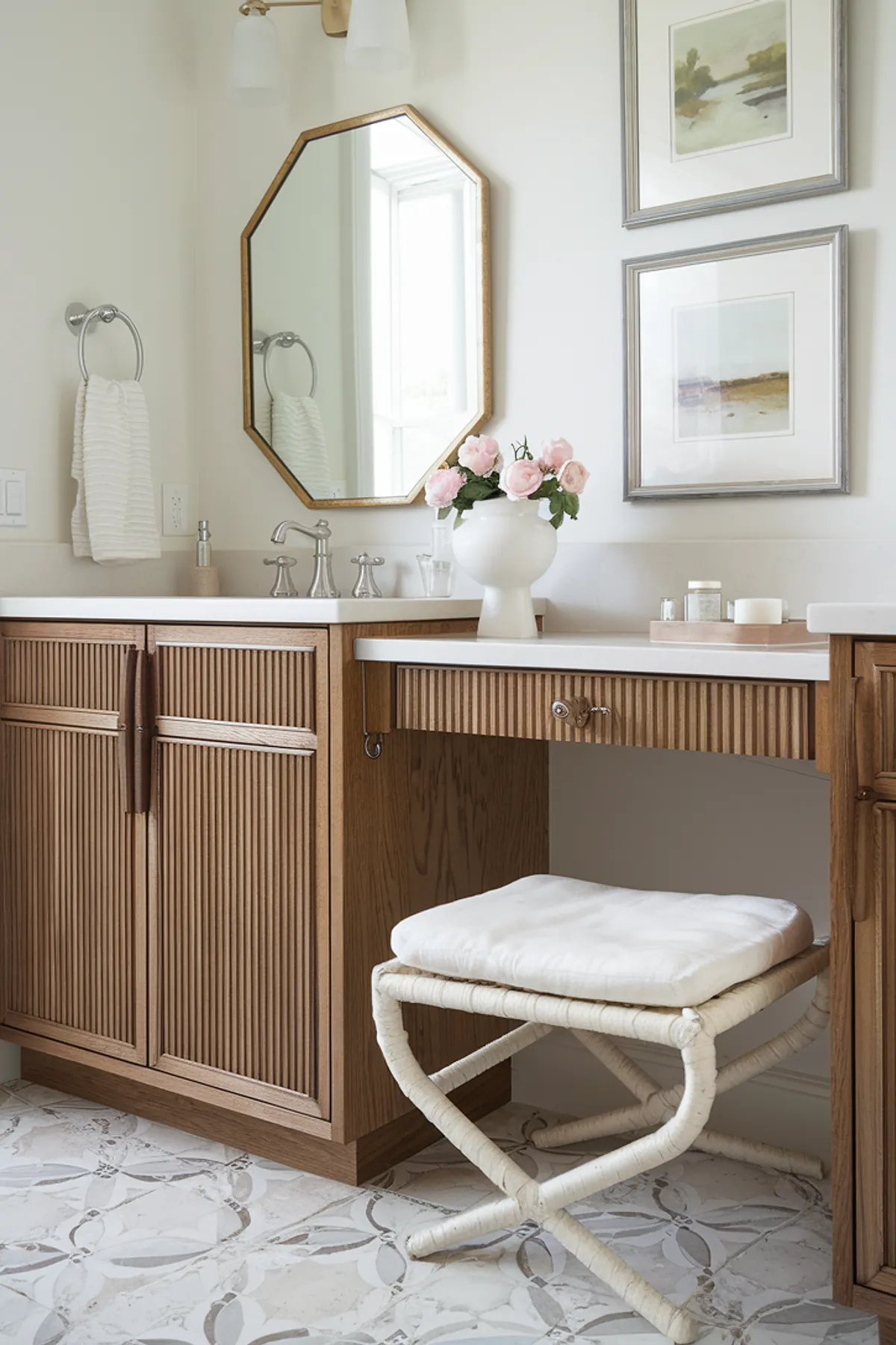 A stylish bathroom featuring wood cabinetry, an octagonal mirror, and fresh flowers.