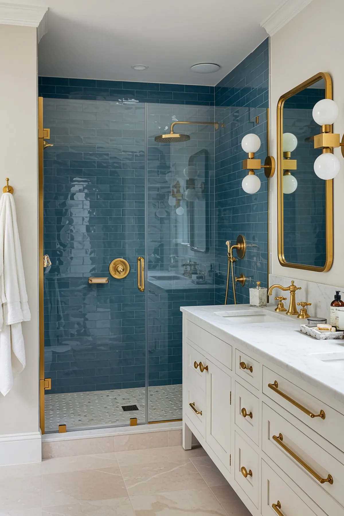 A stylish bathroom featuring blue tiled shower, gold fixtures, and a white vanity.