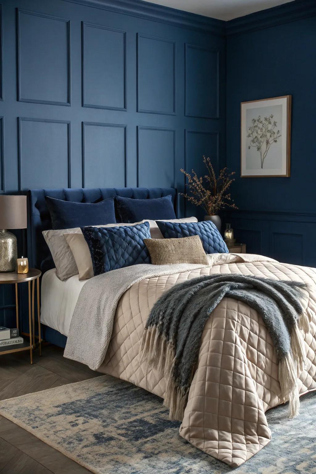 Layered textures enhance the coziness of a deep sea blue personal space.
