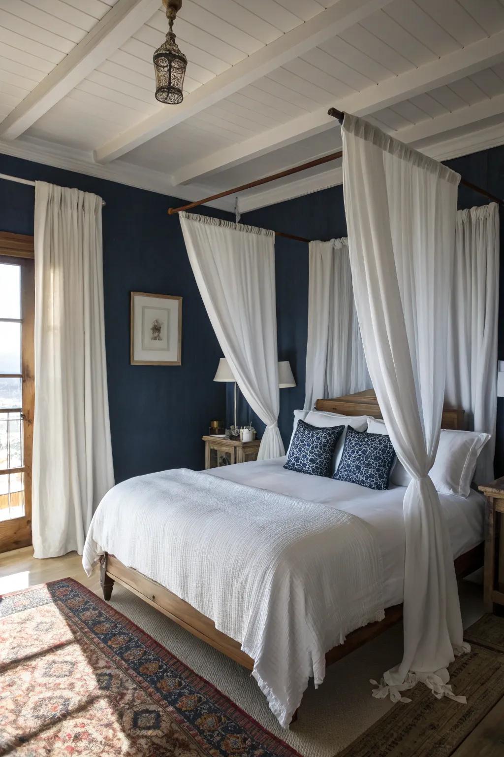 White features create an invigorating comparison to deep sea blue painted walls.