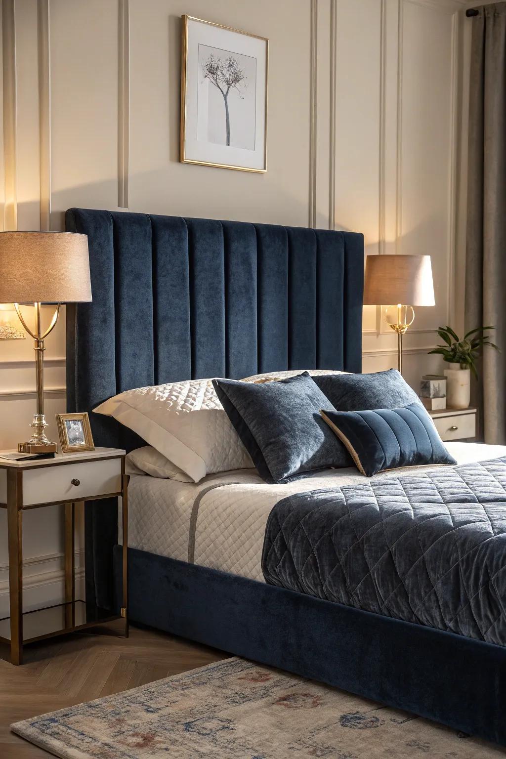 Velvet features introduce opulent extravagance to your deep sea blue boudoir.