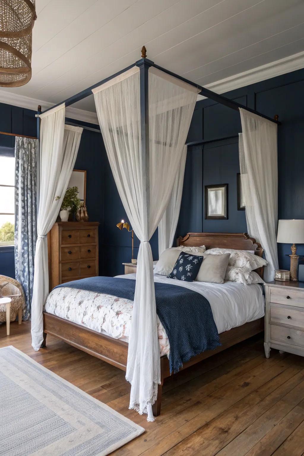 A canopy bed introduces a dreamy, loving touch to your deep sea blue haven.