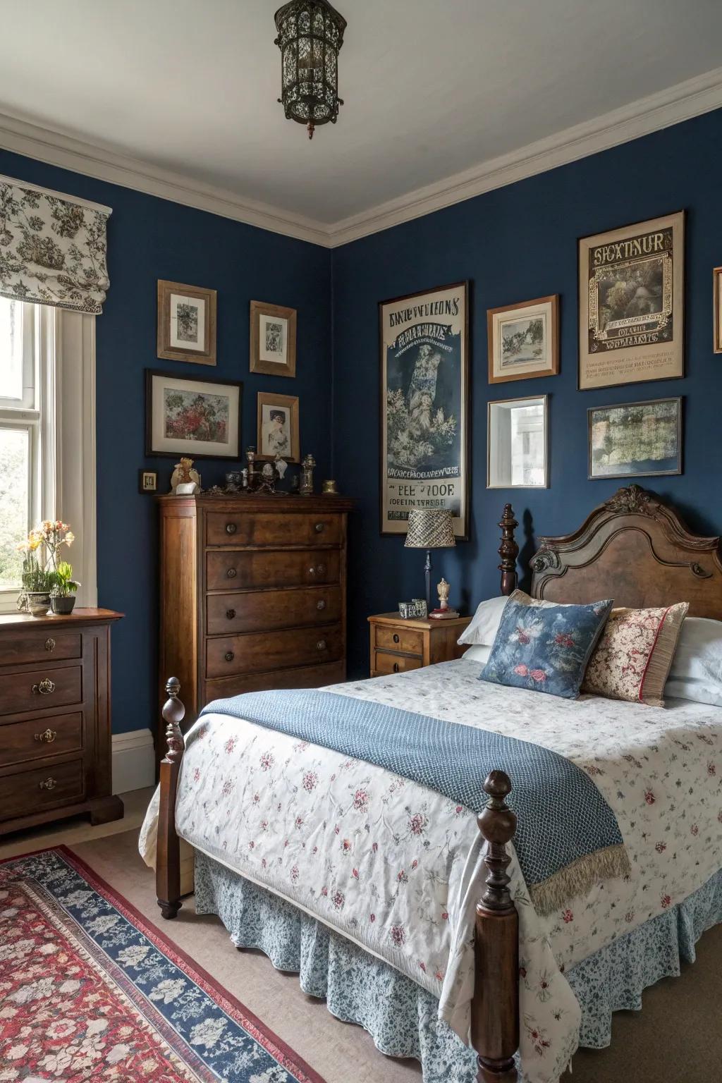 Vintage décor introduces character and nostalgic charm to deep sea blue personal spaces.