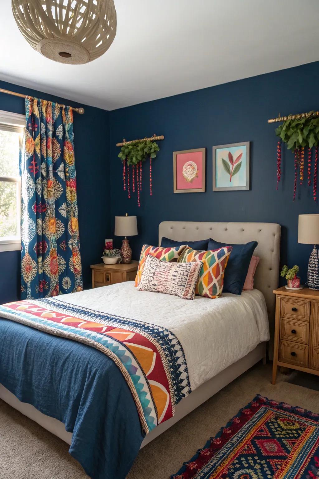 Vibrant accents introduce a lively touch to the calm deep sea blue backdrop.