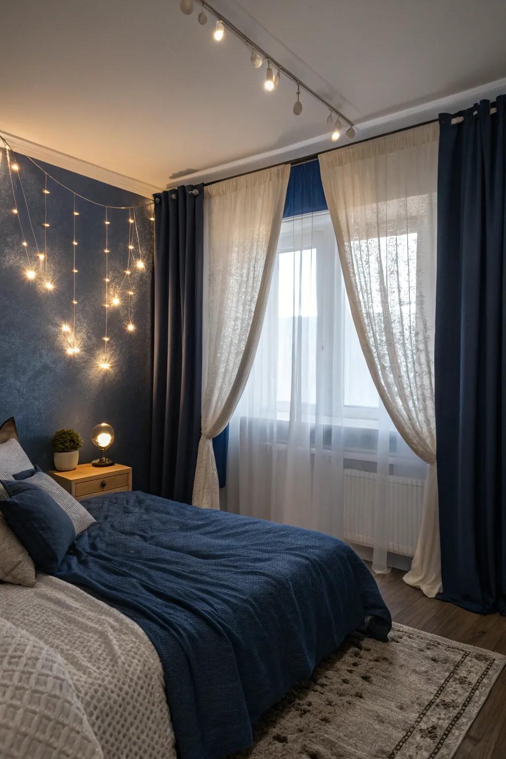 Layered drapes enhance coziness and allow for light control.