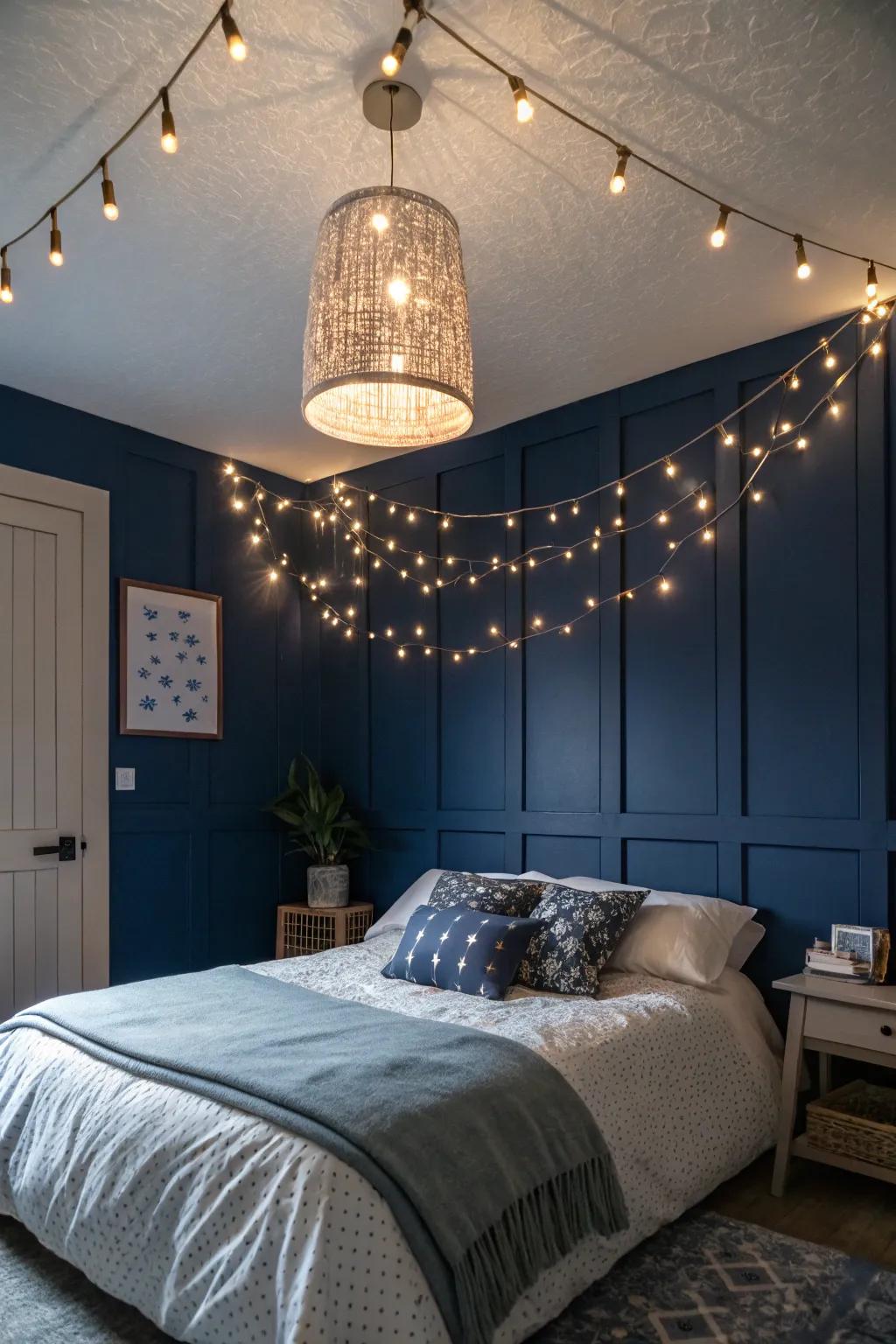 Decorative lighting introduces a loving shine to your deep sea blue boudoir.