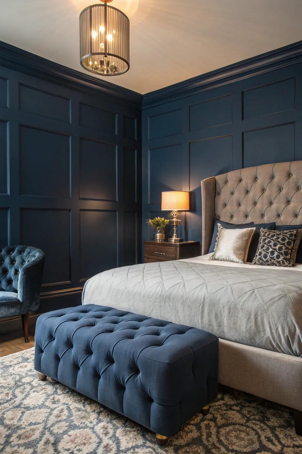 Tufted furniture introduces classic extravagance to a snug deep sea blue personal space.