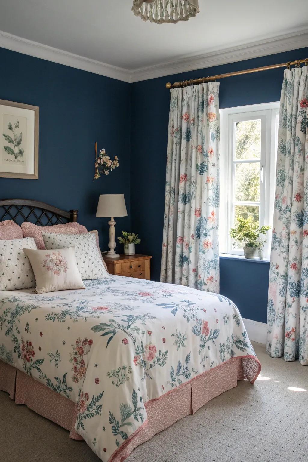 Floral patterns introduce romance and whimsy to deep sea blue décor.